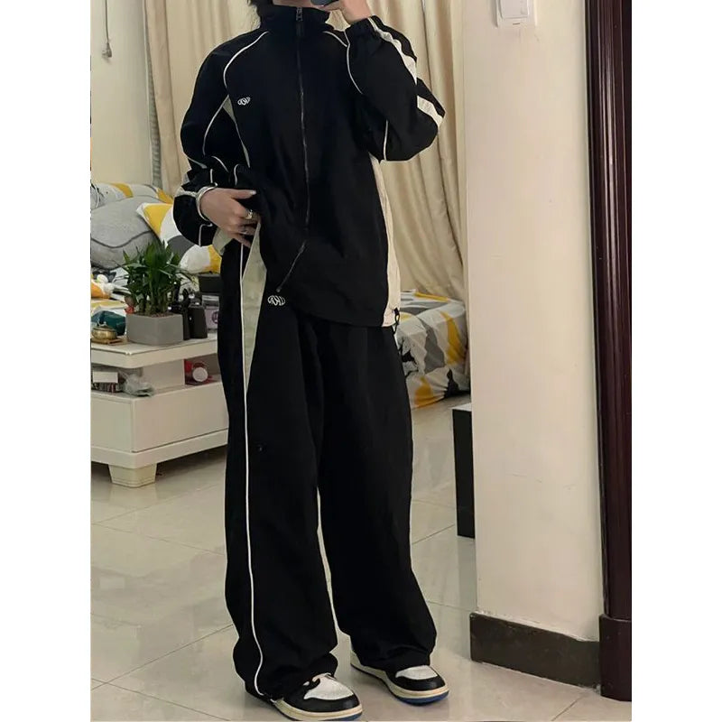 warmmeta 2 Women Spring Retro Solid Loose Drawstring Trousers Casual Joggers Baggy Wide Leg Sweatpants Mid Waist Sporty Y2k Female Clothes