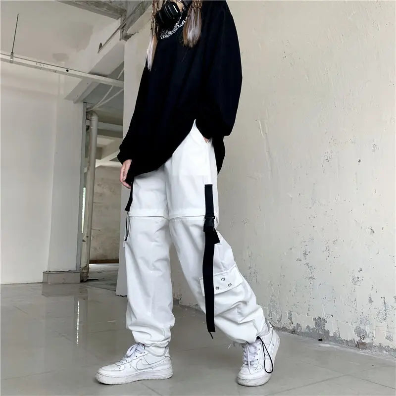 Streetwear Spring Summer Cargo Pants Women Harajuku Slim Punk Ribbons Joggers Elastic Waist Ankle-Length Trousers For Girls