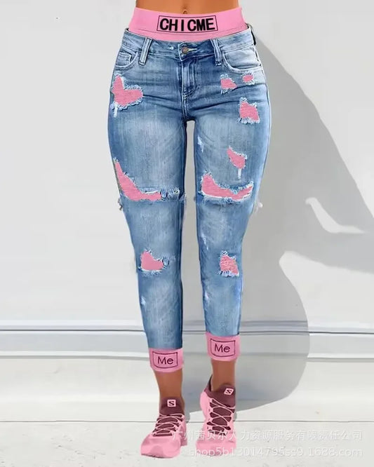 Fake Two-Piece Patchwork Cutout Ripped Jeans Women Ankle Length Fashion Casual High Waist Pencil Pants Denim