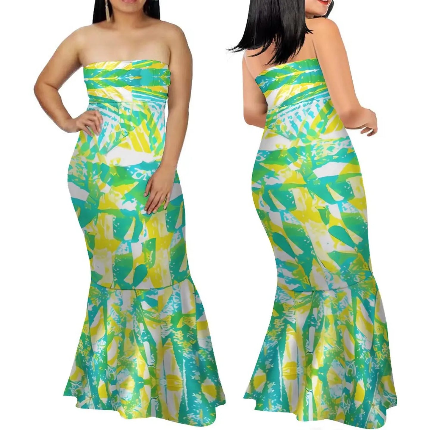 Strapless Hawaii Print Dress Polynesian Dress Mermaid Ruffle Bottom Samoa Maxi Skirt Polenesian Print Tribal Design