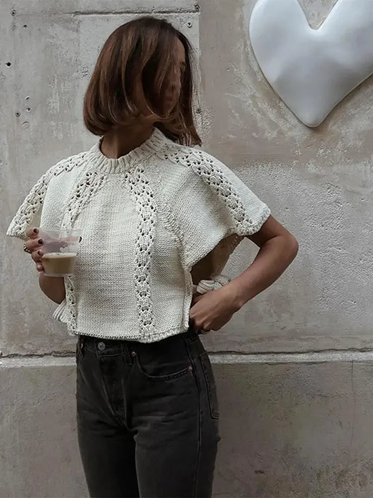 Solid Lace Up Hollow Ribbed Woman Sweater O Neck Short Sleeve Loose Knit Pullover 2024 Female Casual Fashion Street Knit T-shirt