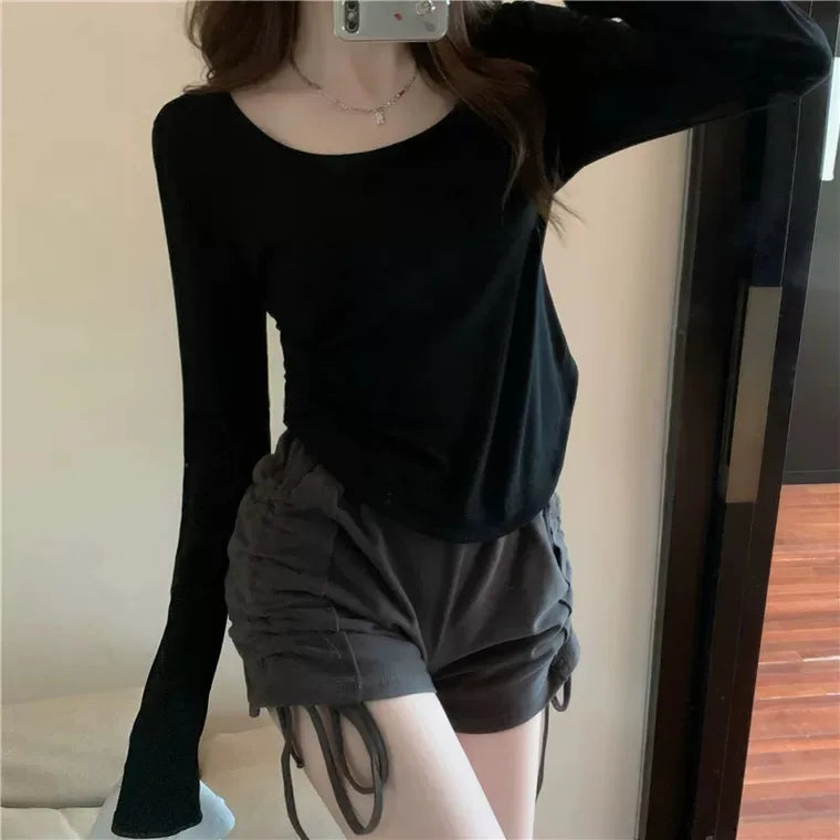 Square Neck Long Sleeve T-Shirt Women Spring  Autumn  New Irregular Hem Slim Casual Top Winter Solid Bottom Shirts New Korean