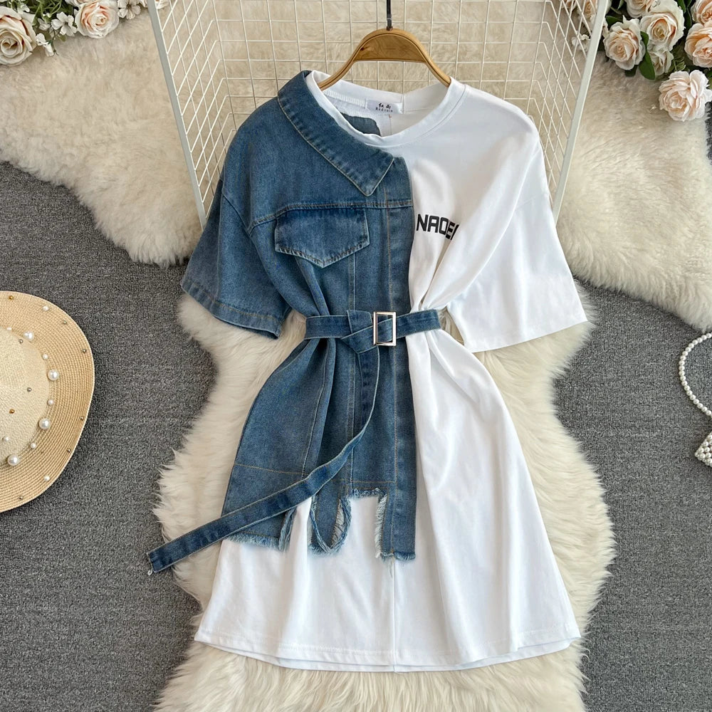 Vintage Patchwork Denim Shirt Dress With Belt Fashion O-Neck Spring/Summer  New Women's Casual Mid-Length Letter Top Tee