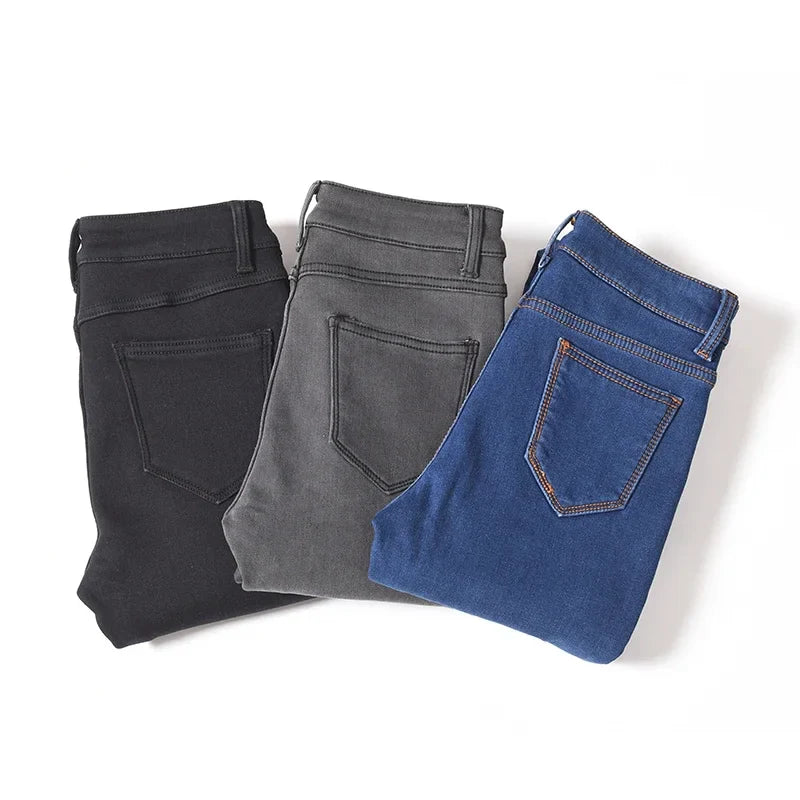 Warm Winter Size Slim Jeans Women Advanced Stretch Cotton Denim Pants Thick Fleece Student Trousers Blue Black Gray