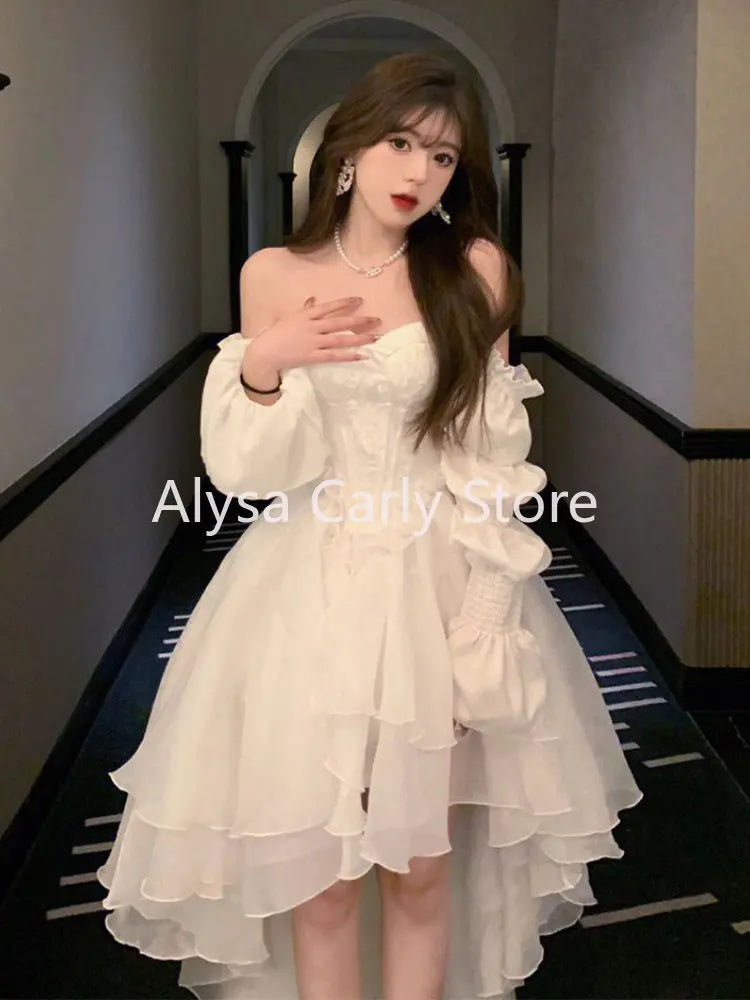 Elegant Ruffles Chic Fairy Dress Women White Sweet Korean Style Princess Dress Female  Summer Slash Neck Casual Party Dress