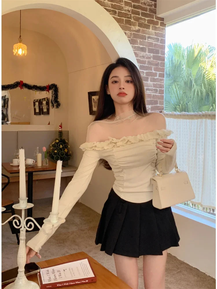 Deeptown Coquette Beige Crop T-shirts Women Y2k Fairycore Ruffles Mesh Patchwork Long Sleeve Tops Korean Style Slim Corset Tees