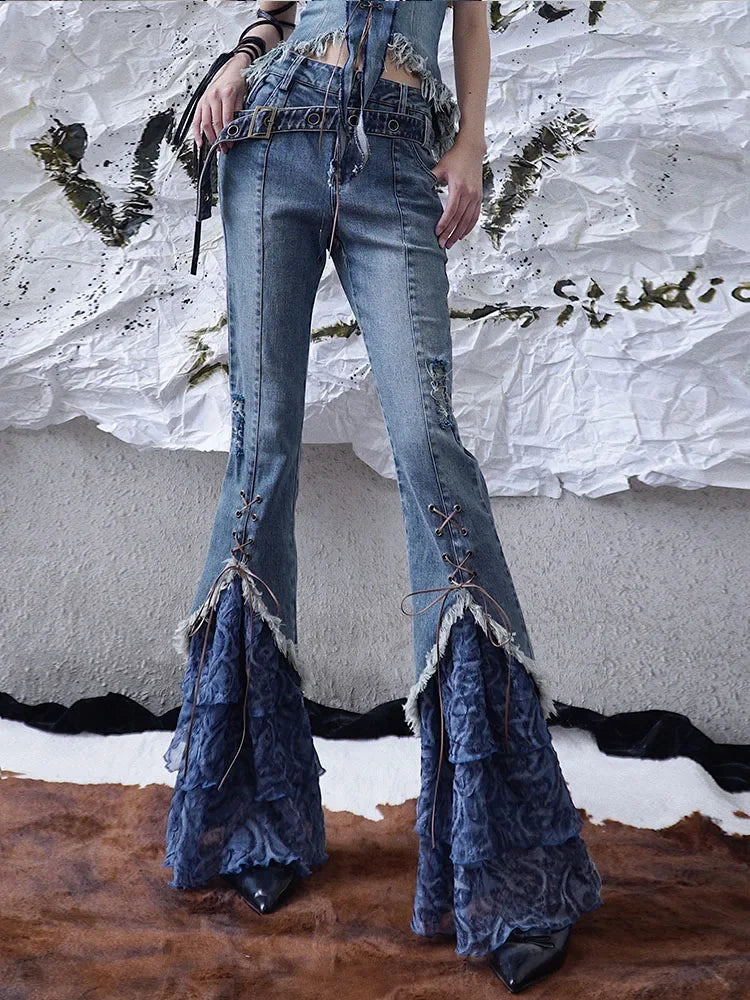 New Spring Autumn Streetwear Harajuku Punk Gothic Hot Girl Blue Bandage Stitching Denim Pants Fashion High Waist Slim Pant