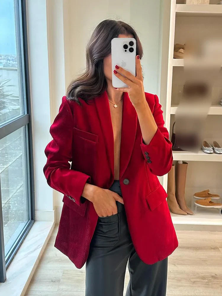 Spring Blazers Woman 2025 Trendy Red Turn Down Collar Long Sleeves Pockets Decorate Single Button Female Jacket Coats