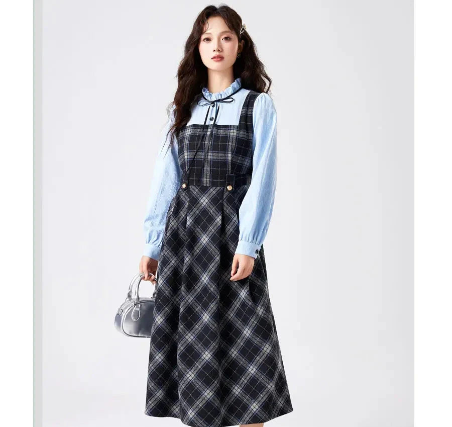 Blue Stories Dark Academia Plaid Long Sleeve Dress