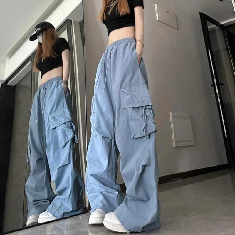 Zoki Hip Hop Y2K Cargo Pants Women Streetwear Harajuku Big Pockets Casual Trousers Korean Loose High Waist Design Solid Pants Z