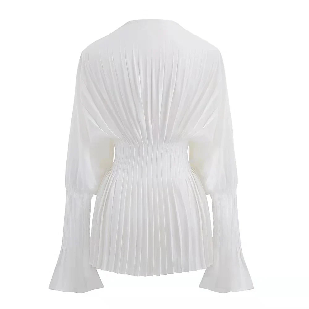 warmmeta Elegant Women Loose White V-Neck Pleated Shirts Female Lantern Full Sleeve Tops Blouses Casual Blusas Spring Autumn