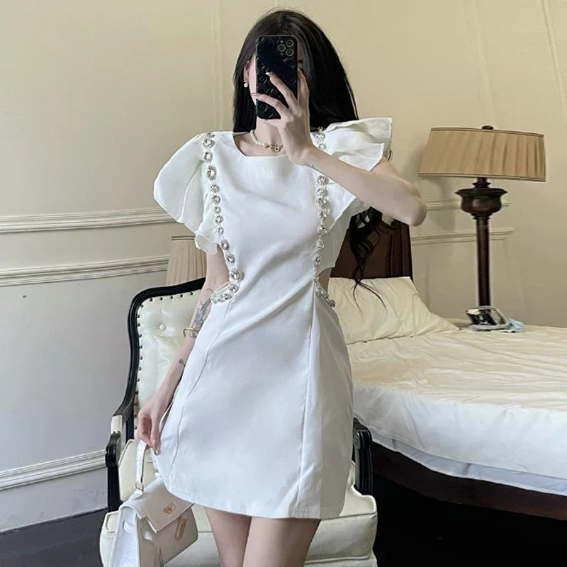 WARMMETA Woman Dress Flying Sleeve Rhinestone Hollow Out O Neck Elegant Spring New Slim White Sexy Dresses Female Mini Fashion