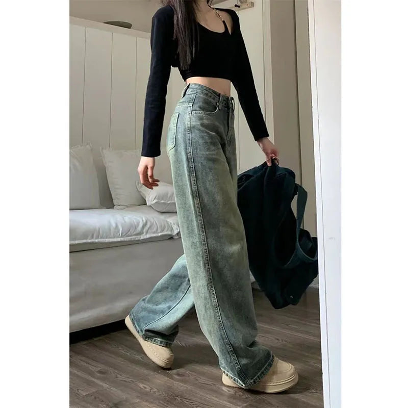 warmmeta 6 Vintage 90S Baggy Straight Denim Trousers Female Y2K High Waist Loose Wide Leg Jeans Women Streetwear All-Match Casual Pants New