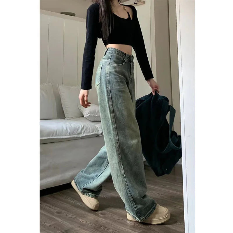 warmmeta 7 Vintage 90S Baggy Straight Denim Trousers Female Y2K High Waist Loose Wide Leg Jeans Women Streetwear All-Match Casual Pants New