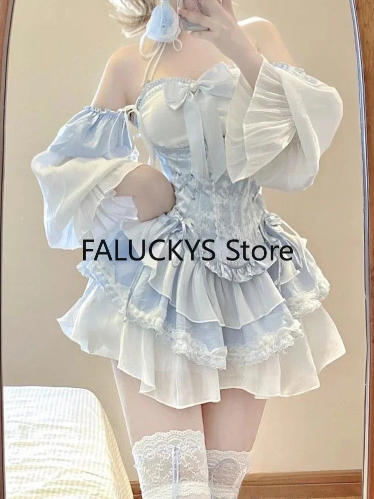 WARMMETA Summer Blue Lolita Clothing Suit Slim Vest + Kawaii Y2k Mini Dress Elegant Short Party Dress Japanese Style Fashion Suit