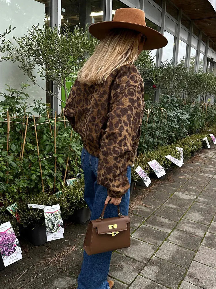 PICSGIRL -  Chic Leopard Button Short Coats For Women Elegant Long Sleeve Lapel Plush Jackets Ladies Fashion Winter High Street Outerwear