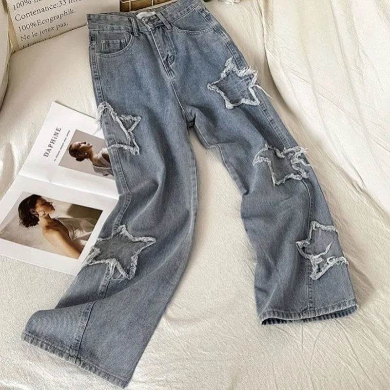 Vintage Star Wide Leg Jeans Women High Waist Casual Chic Straight Trouers Streetwear Korean Fashion Denim Pants Women's Clothing