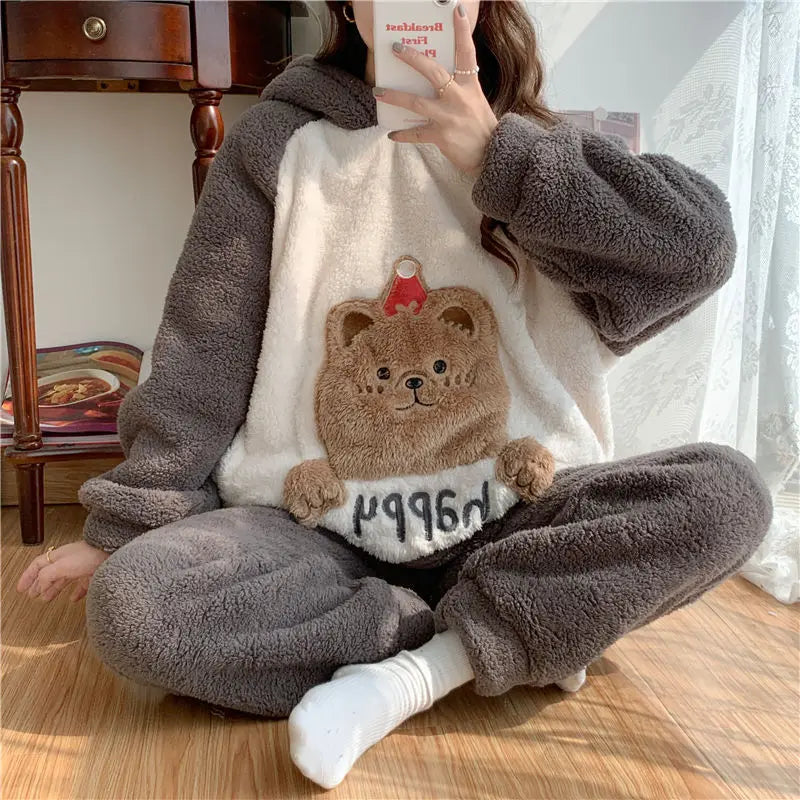 Flannel Pajamas Women Winter Loungewear Girls Sleepwear Suit Thick Cartoon Nighty Coral Velvet Kawaii Famale Home Clothes Sets