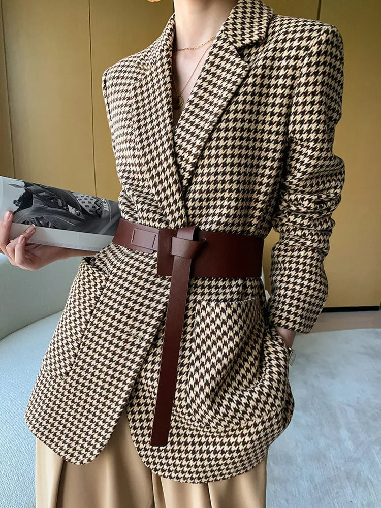 Autumn Women Vintage Houndstooth Woolen Blazer Jackets Fashion Elegant Casual Outerwear Coat With Belt Female Cardigan Clothes