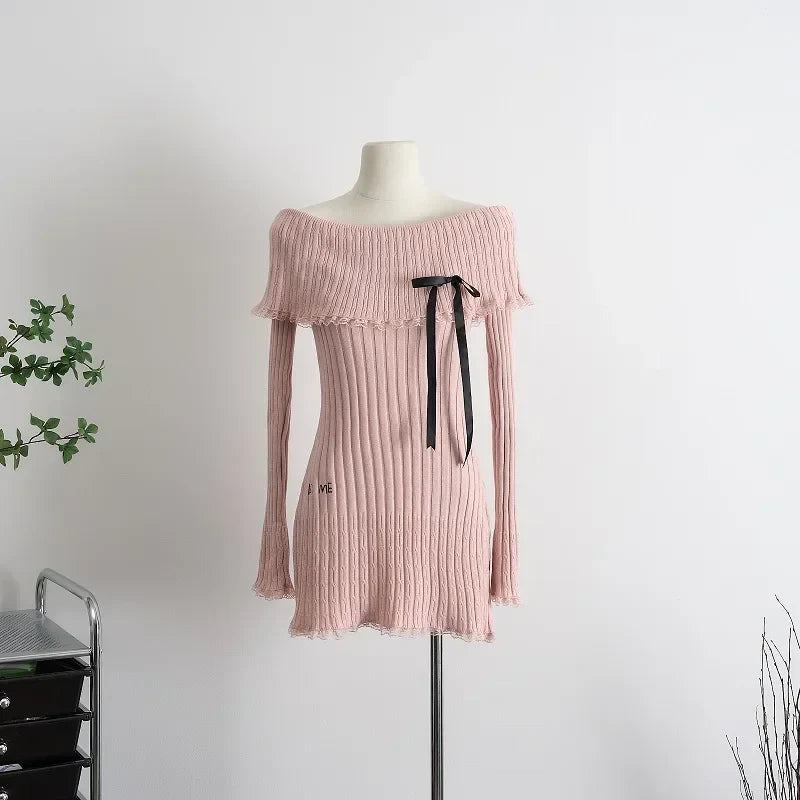 Sweet Knitted Dresses Women Summer Slash Neck Long Sleeve Bow Decoration Mini Dress Kawaii Clothes