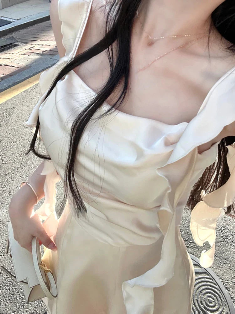 Elegant Sleeveless Satin Mini Dress Women  Summer Korean Short Design Spaghetti Strap Vintage Fairy Sweet Female Clothing