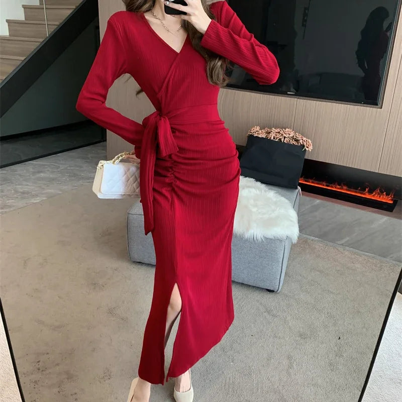 WARMMETA Sexy Dresses Women French Style Chic Bandage Elegant Slim Split V Neck Solid Vintage Dress Autumn Winter Ladies Basic