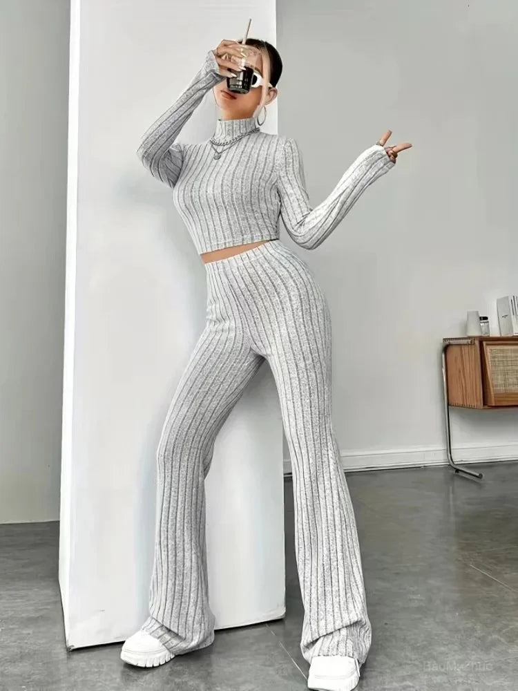 warmmeta-2024 Spring Knitted 2 Piece Sets Women Tracksuit Long Sleeve Vintage Sweater Crop Top Flare Pants Stretch Matching Suit Outfit