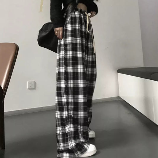 Lucyever Harajuku Black and White Plaid Pants Women Summer Casual Wide Leg Trousers Teens Hip Hop Unisex Loose Straight Pants