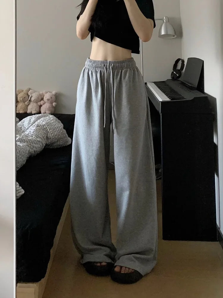 HOUZHOU Casual Grey Sweatpants Women Korean Style Wide Leg Sports Pants Harajuku Basic Oversize High Waist Black Trousers Female