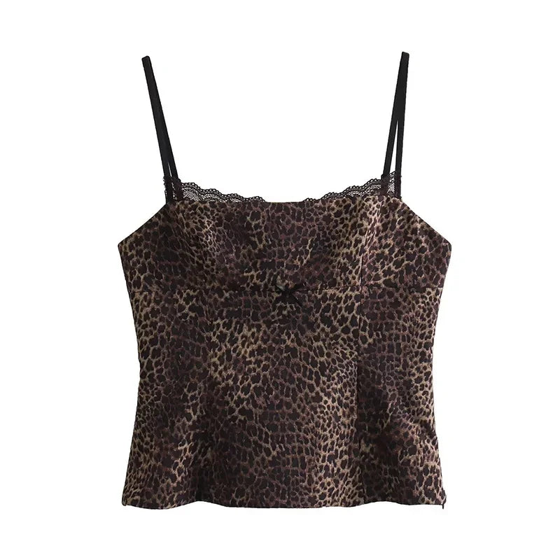 Summer Gothic Grunge Chic Sling Leopard Top Women Lace Slim Short Sexy Camis Female Fashion Sleeveless Lady Camisole Blouse 2024