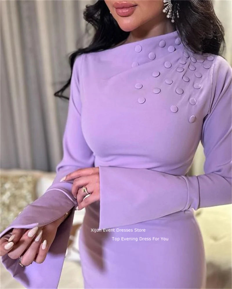 Lilac Evening Dress Long Sleeves Ankle Length Party Prom Gowns Formal Occasion Short Prom Dresses 2023 For Women Vestido