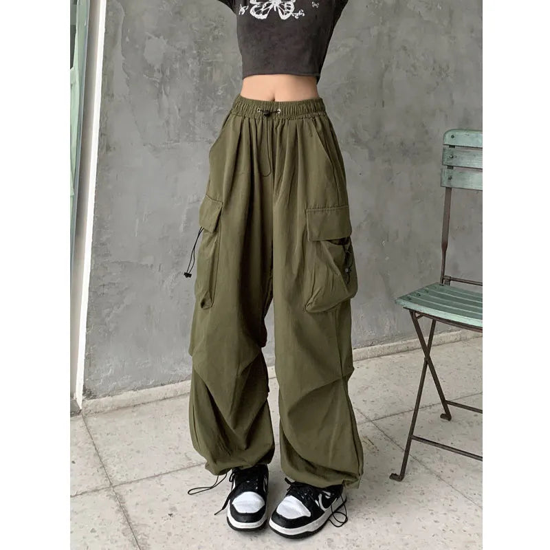 HOUZHOU Harajuku Oversized Cargo Parachute Pants Women Streetwear Vintage Y2k Hip Hop Wide Leg Joggers Baggy Sweatpants Techwear