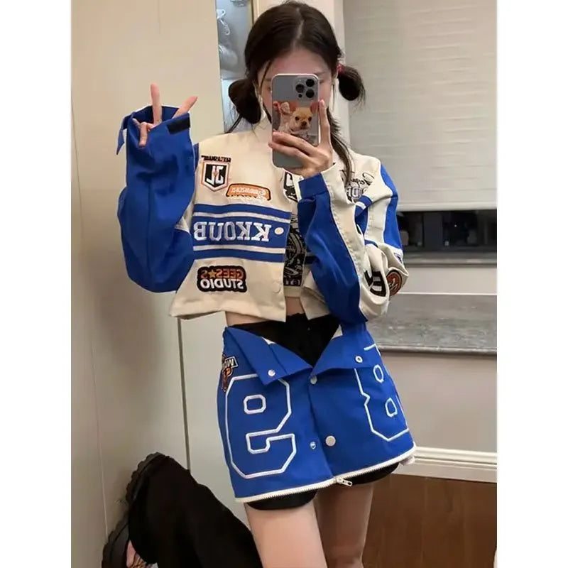 warmmeta Vintage Women Baseball Jacket Spring Autumn America Racing Detachable Stand Collar Coat Patchwork Letter Embroidery Clothing