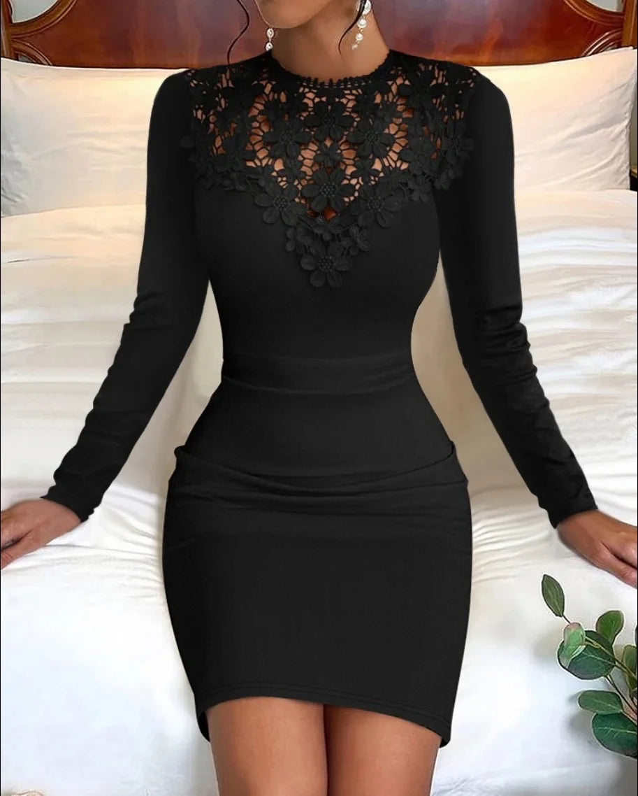 warmmeta-Sexy Lace Patchwork Bodycon Mini Dress Women Fashion O-neck Long Sleeve Solid Dresses Autumn Winter Hollow Out Skinny Robe Femme