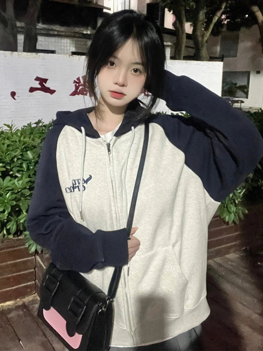 Deeptown Harajuku Zip Up Hoodies Women Korean Fashion Streetwear Hooded Sweatshirts Female Kpop Vintage Tops Spring and Autumn