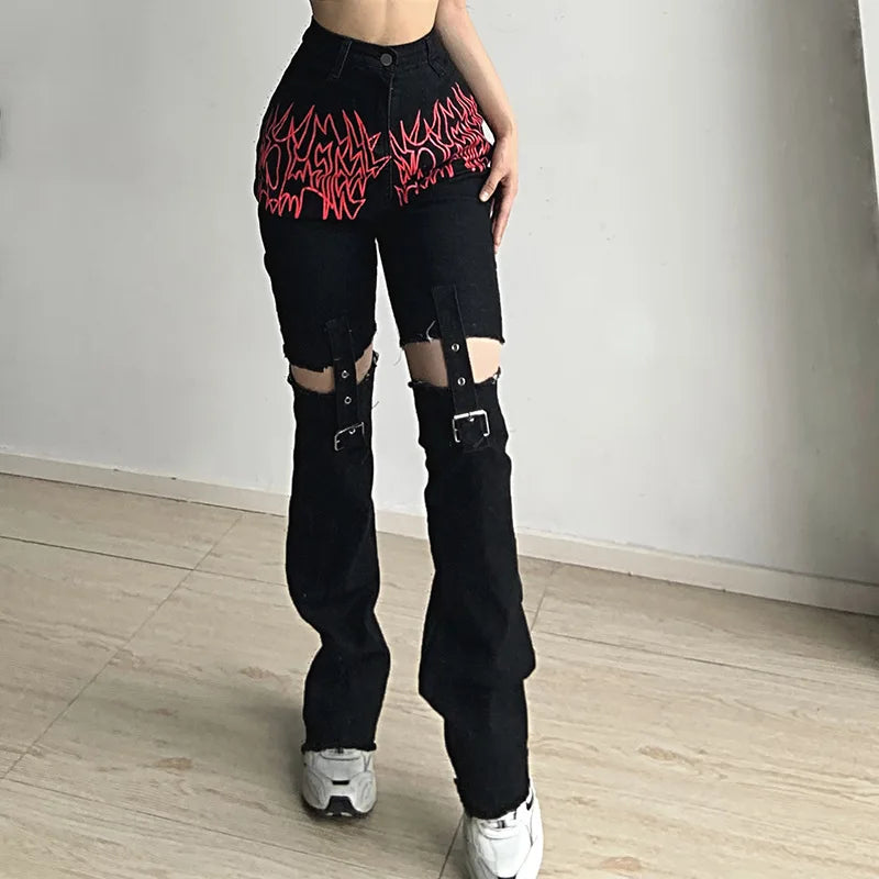 Women's Gothic Black Cargo Pants Aesthetic Harajuku Bandage Goth Pant Y2K Streetwear Vintage Punk Wide Leg Baggy Trousers