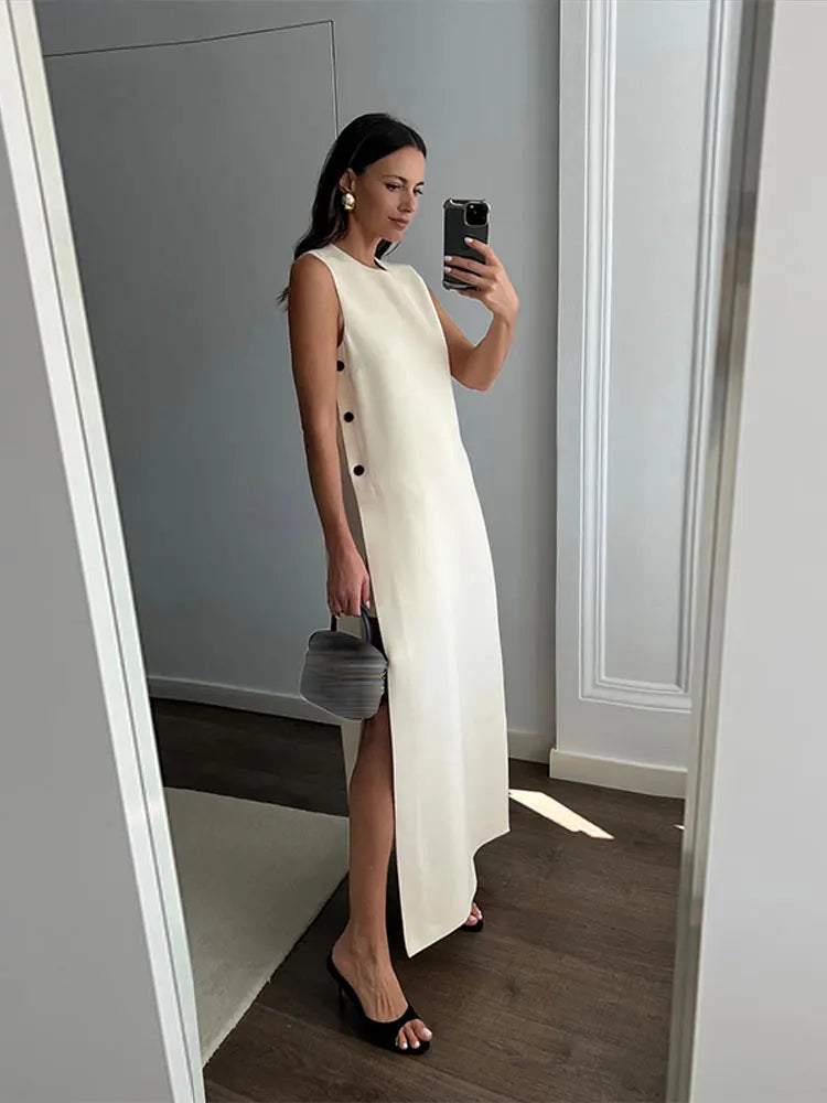 Women Summer Fashion Solid Button Split Maxi Dress Elegant O-neck Sleeveless Loose Dresses Female Beach Vacation Party Vestidos