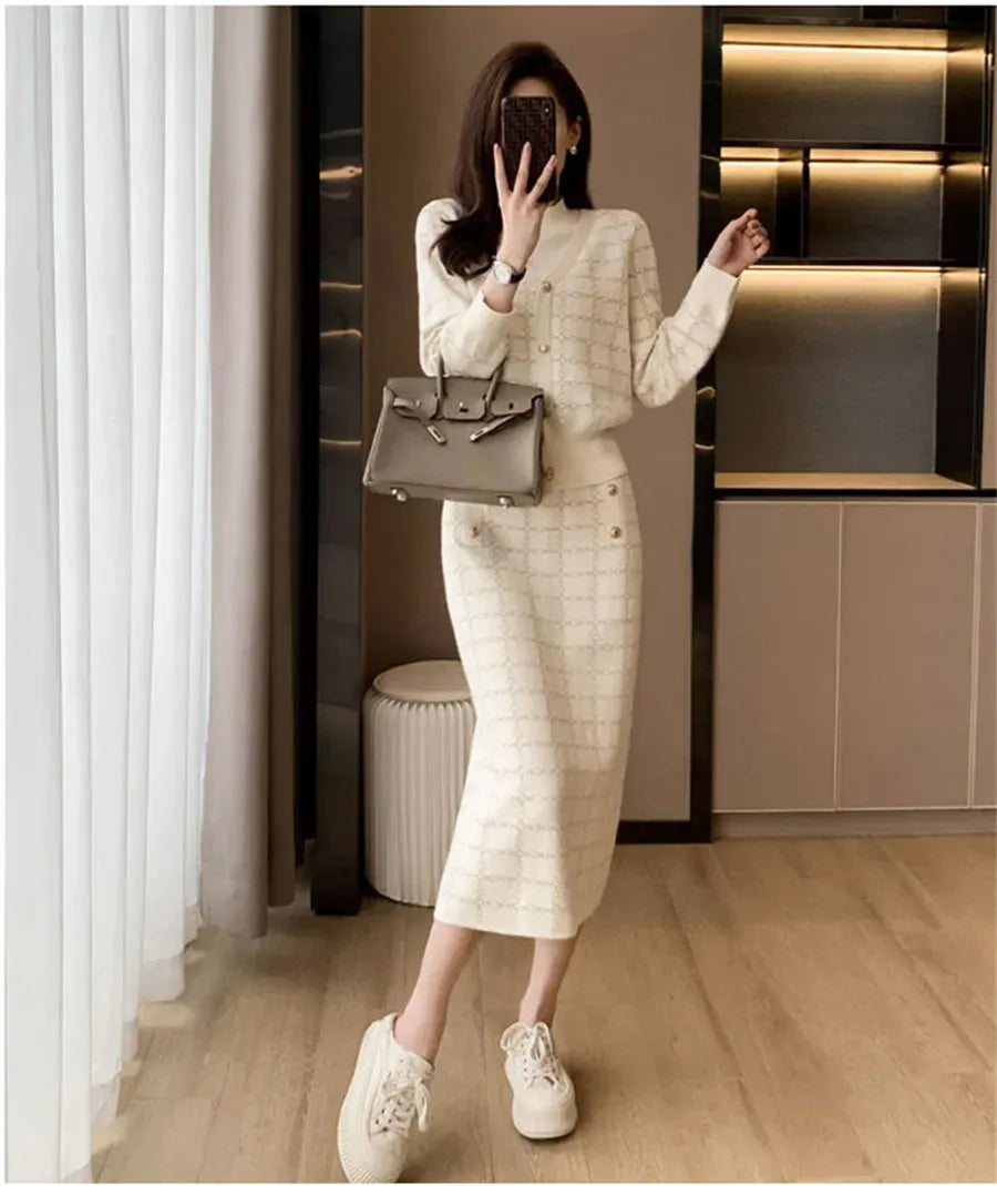 Elegant Half Turtleneck Plaid Sweaters Tops+slim High Waist Knitwear Skirts 2 Piece Sets Women New Streetwear Pullover Tracksuit