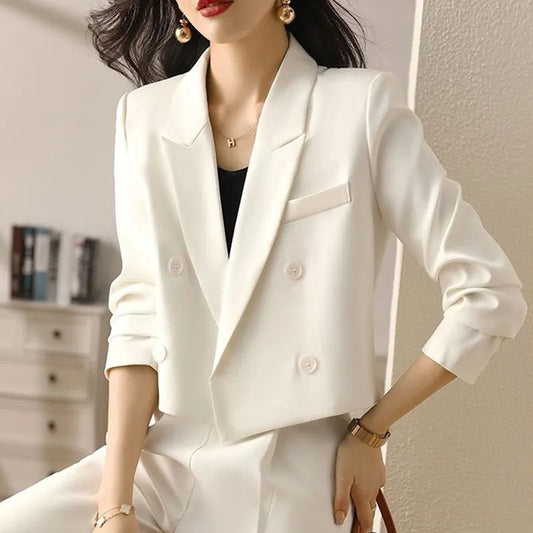 warmmeta Black Cropped Blazers for Women Korean Fashion Double-Breasted Office Suit Coat Ladies Vintage Long Sleeve Outerwear