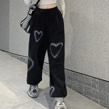 Korean Oversize Pants Heart Printing Pants Casual Loose High Waist Hallen Pants Streetwear Hip Hop Straight Trousers  Joggers