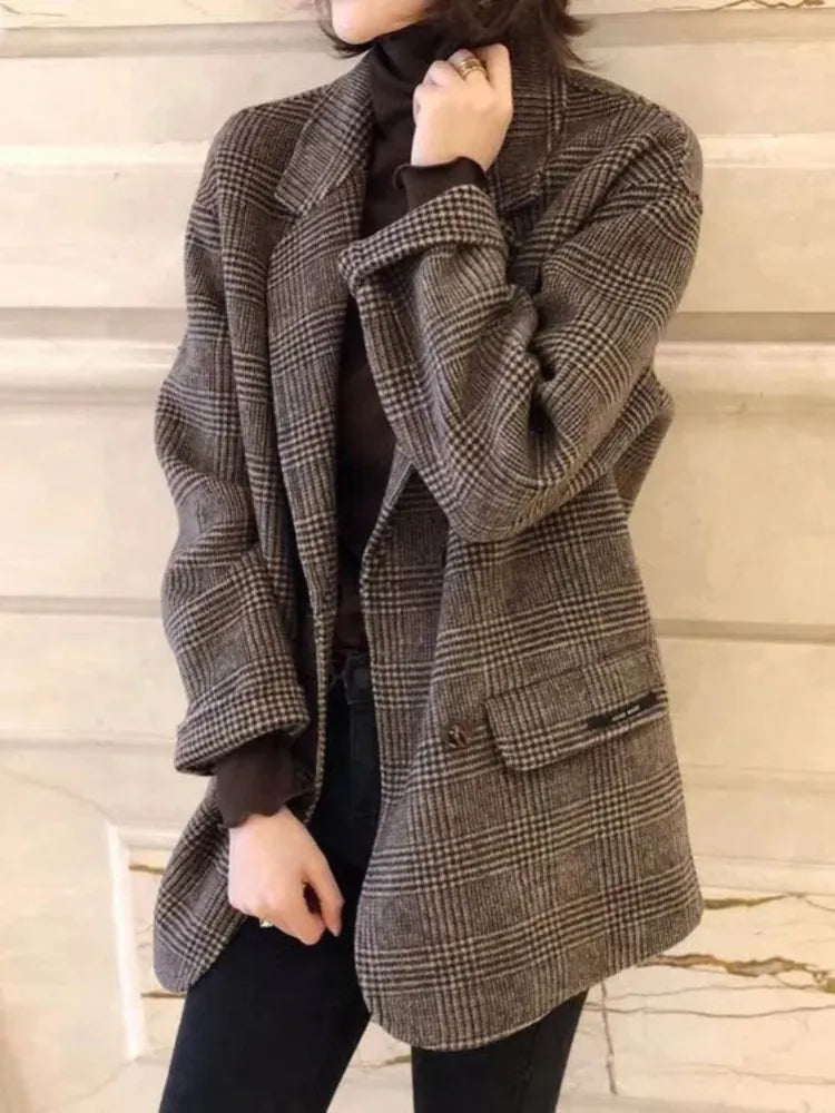 Suit Coats and Jackets Women Casual Lattice Loose Winter Coat for Women Single Breasted Pockets Korean Fashion Women's Wool Coat