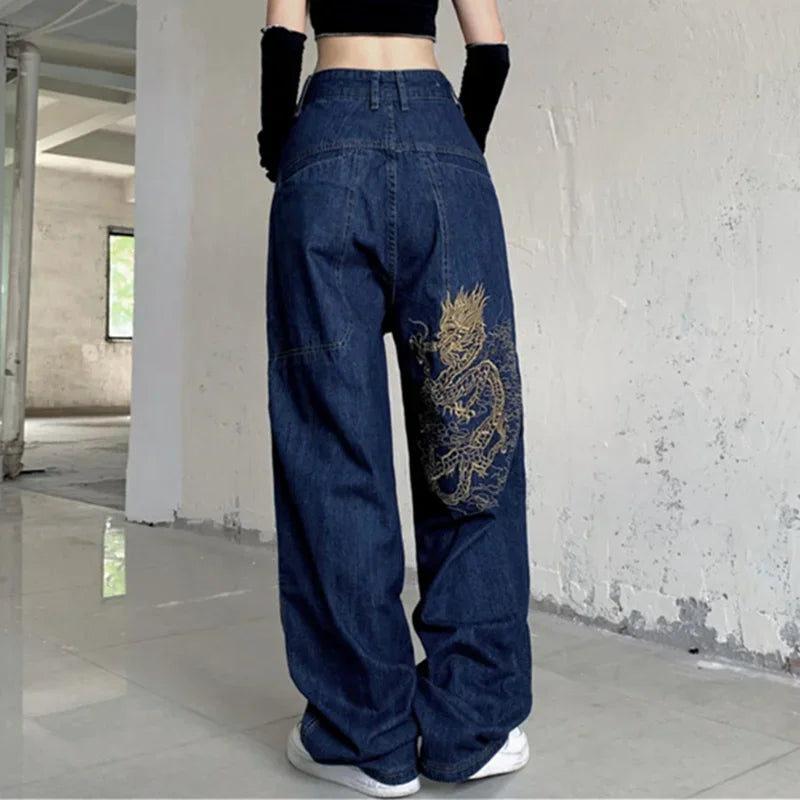 warmmeta Solid Color Multi-pocket Loose Jeans Women High Street Retro Hip-hop Wide-leg Pants Casual Straight High-waisted Jeans Women New