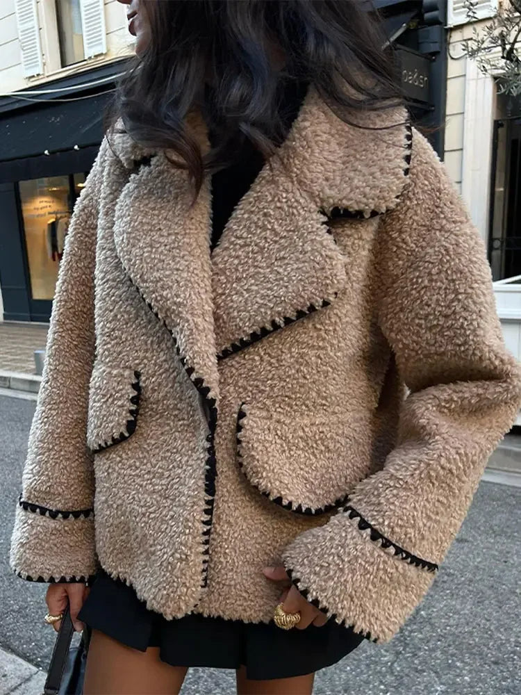 warmmeta Elegant Embroidery Lapel Patchwork Jacket Women Fashion Long Sleeve Lambhair Coat Chic Autumn Female Casual Outerwear