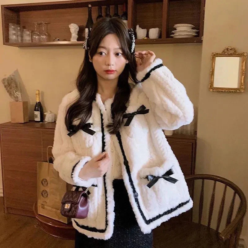 Sweet Faux Lamb Wool Coat Women Thick Bow Patchwork Jacket Winter Vintage Korean Elegant Faux Fur Casual Outerwear Tops