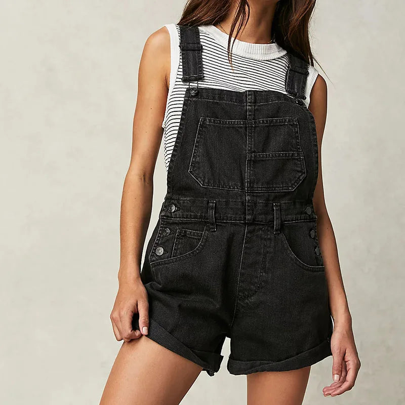 warmmeta Y2K Vintage Black Denim Rompers Women Sleeveless High Waist Jeans Playsuits Korean Fashion Chic Jumpsuits Overalls Baggy Shorts