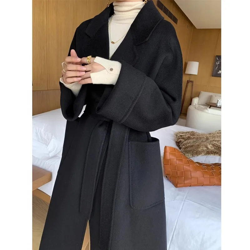 Double-Sided Cashmere Coat For Women In Autumn And Winter 2023, New High-End Lapel Belt, Loose And Long Knee Length Wool Woolen