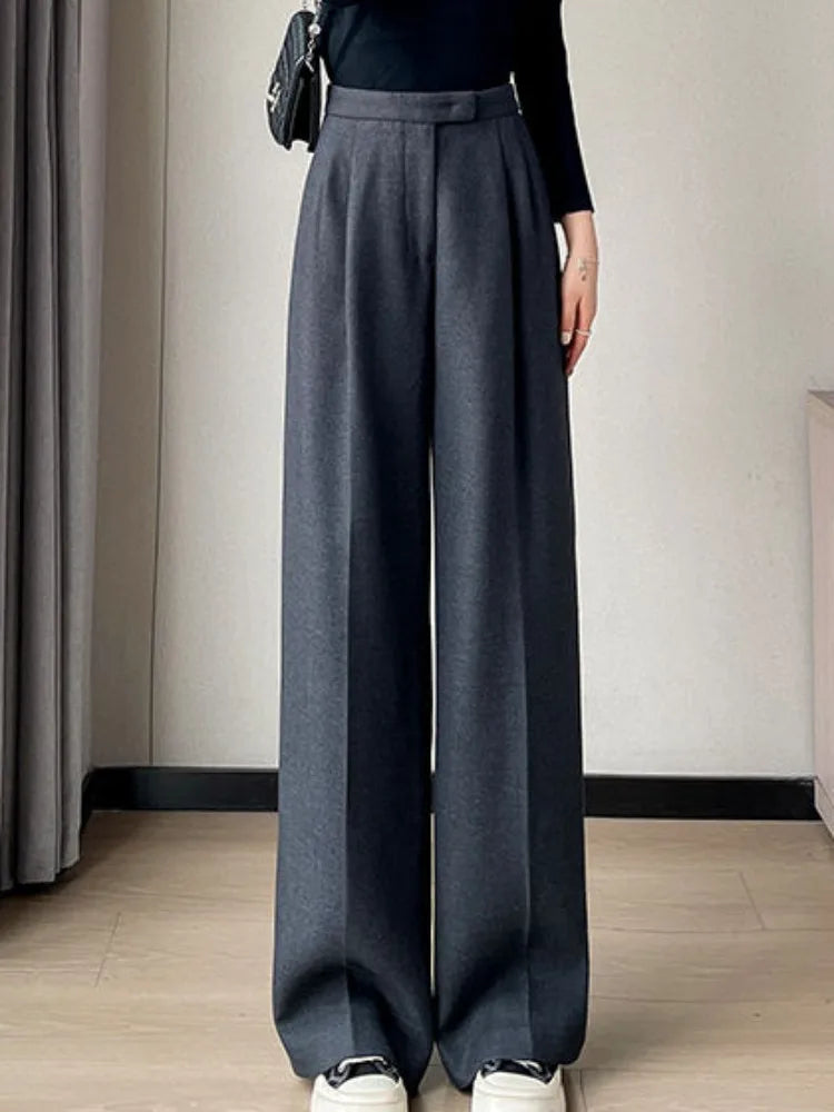 warmmeta Gray Pants for Women Solid Wool Suit Women Pants High Waist Fashion New Wide Leg Pants Autumn Winter Thickening Women' S Pants