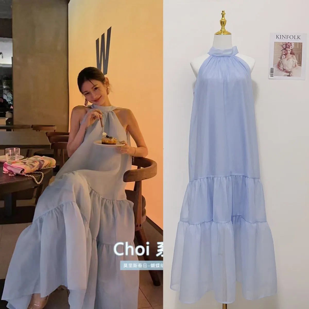 French Elegant Women's Summer Fashion 2023 New Sleeveless Strapless Bowknot Blue Long Skirt Kawaii Vest Prom Dress