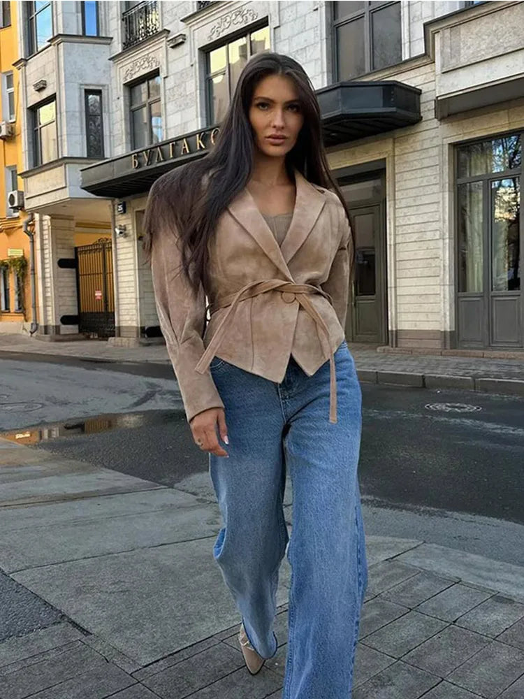 Fashion Solid Irregular Hem Lapel Jackets With Belt Women Elegant Long Sleeve Button Pleated Coats 2024 New Lady Chic Outerwear