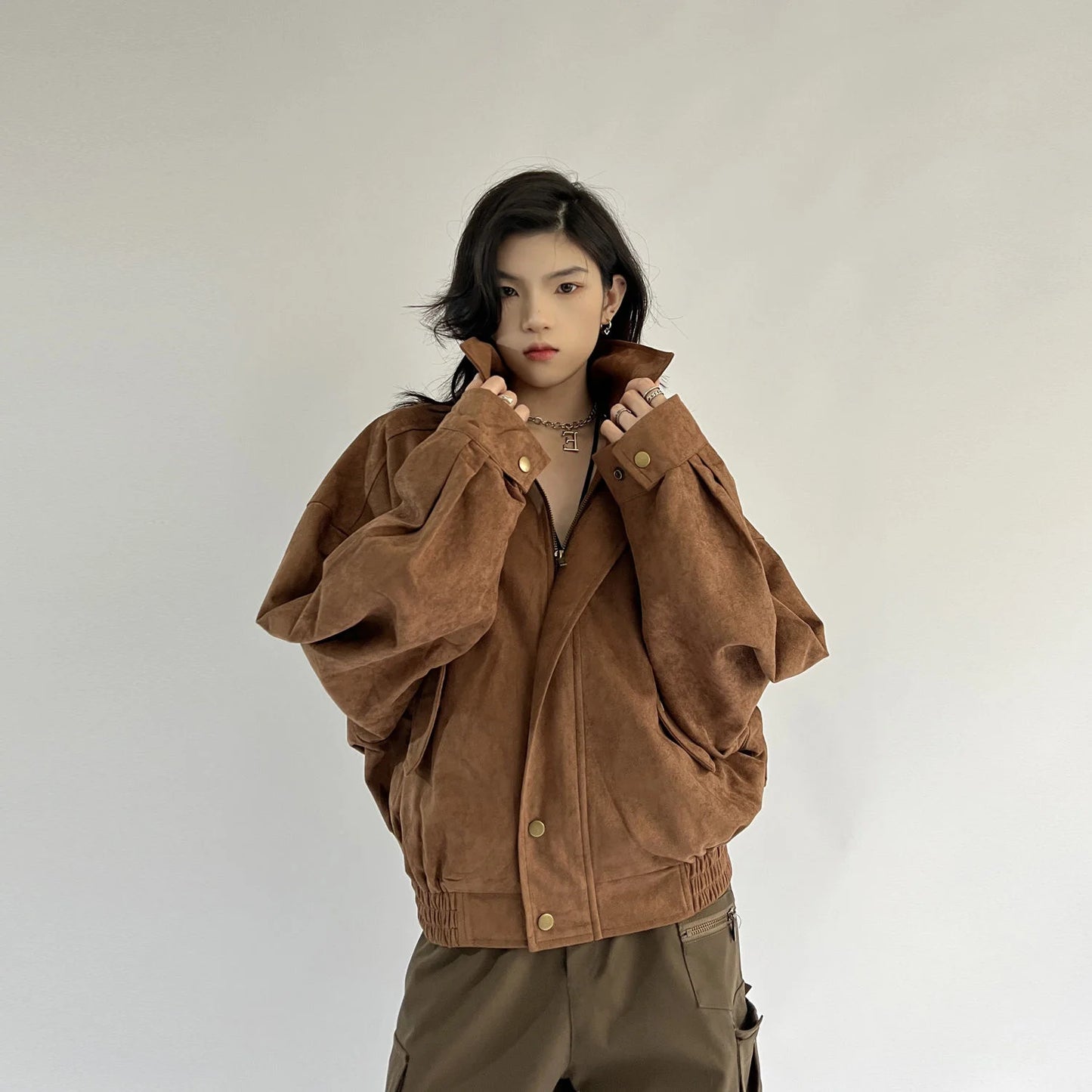 American Vintage Brown Bomber Jackets For Women High Street Motorcycle Coat Antumn Winter Female Fashion Top Button Zip Jacket